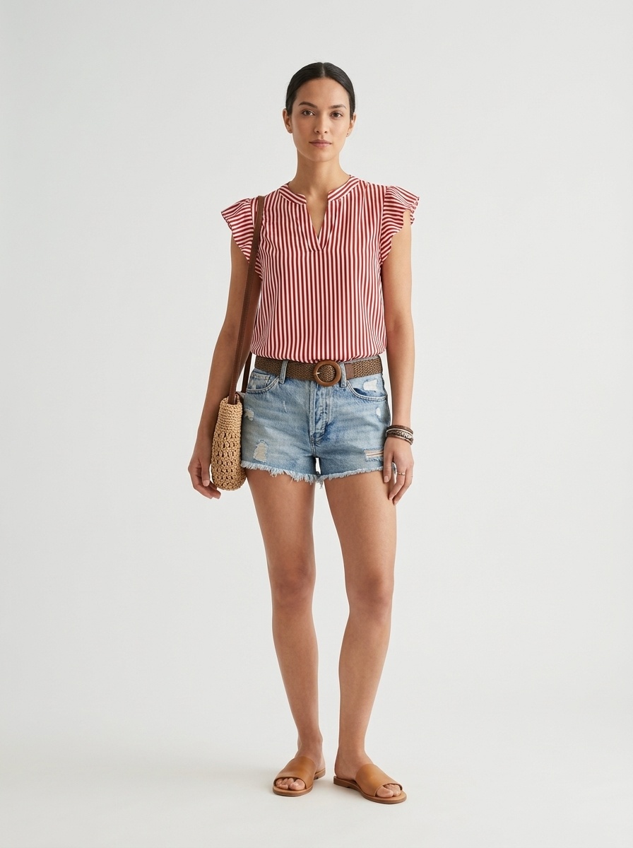 Women's Striped Ruffle Sleeve V-Neck Blouse Top