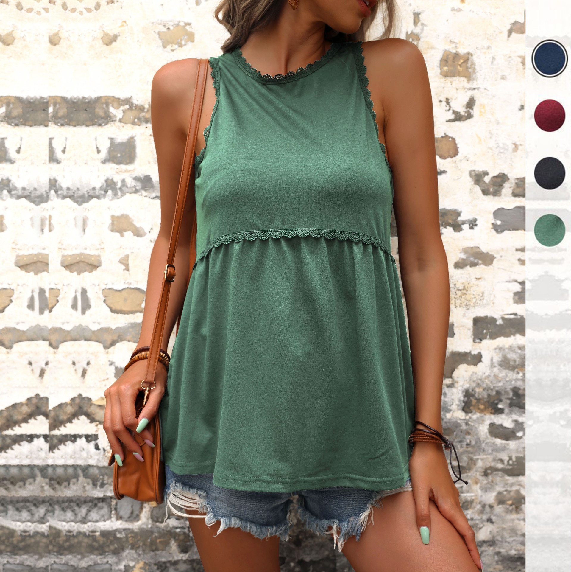 Ärmelloses Peplum-Tanktop mit Spitzenbesatz für Damen