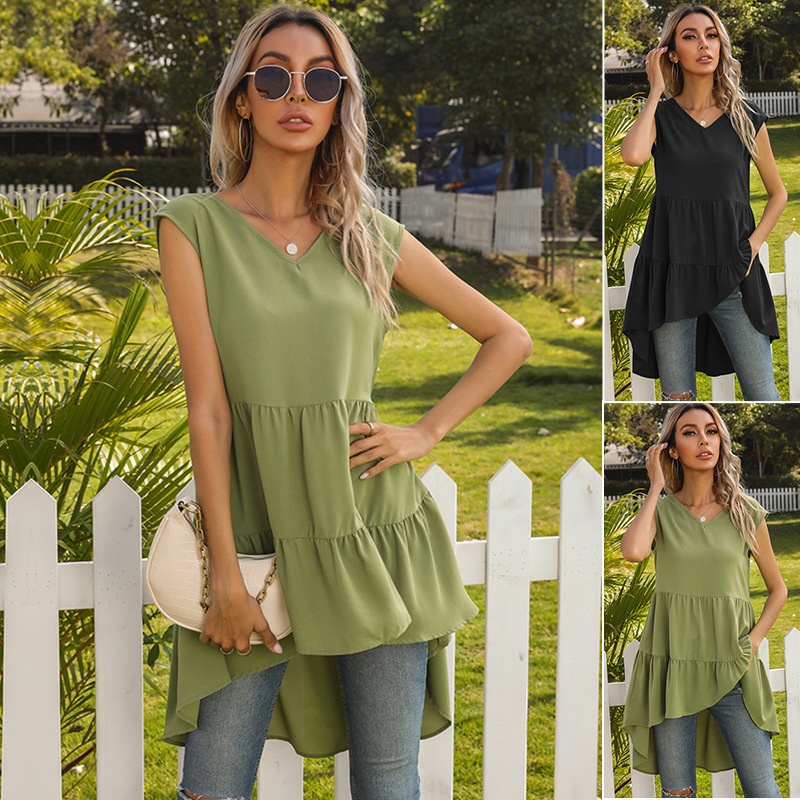 Stufenförmiges Rüschen-Tunika-Top mit asymmetrischem Saum und V-Ausschnitt – ärmellos