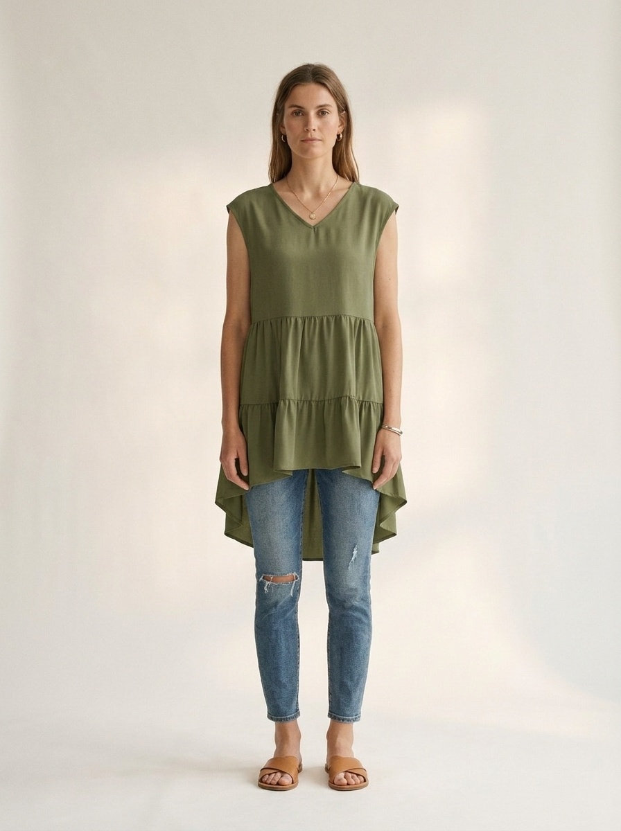 Stufenförmiges Rüschen-Tunika-Top mit asymmetrischem Saum und V-Ausschnitt – ärmellos