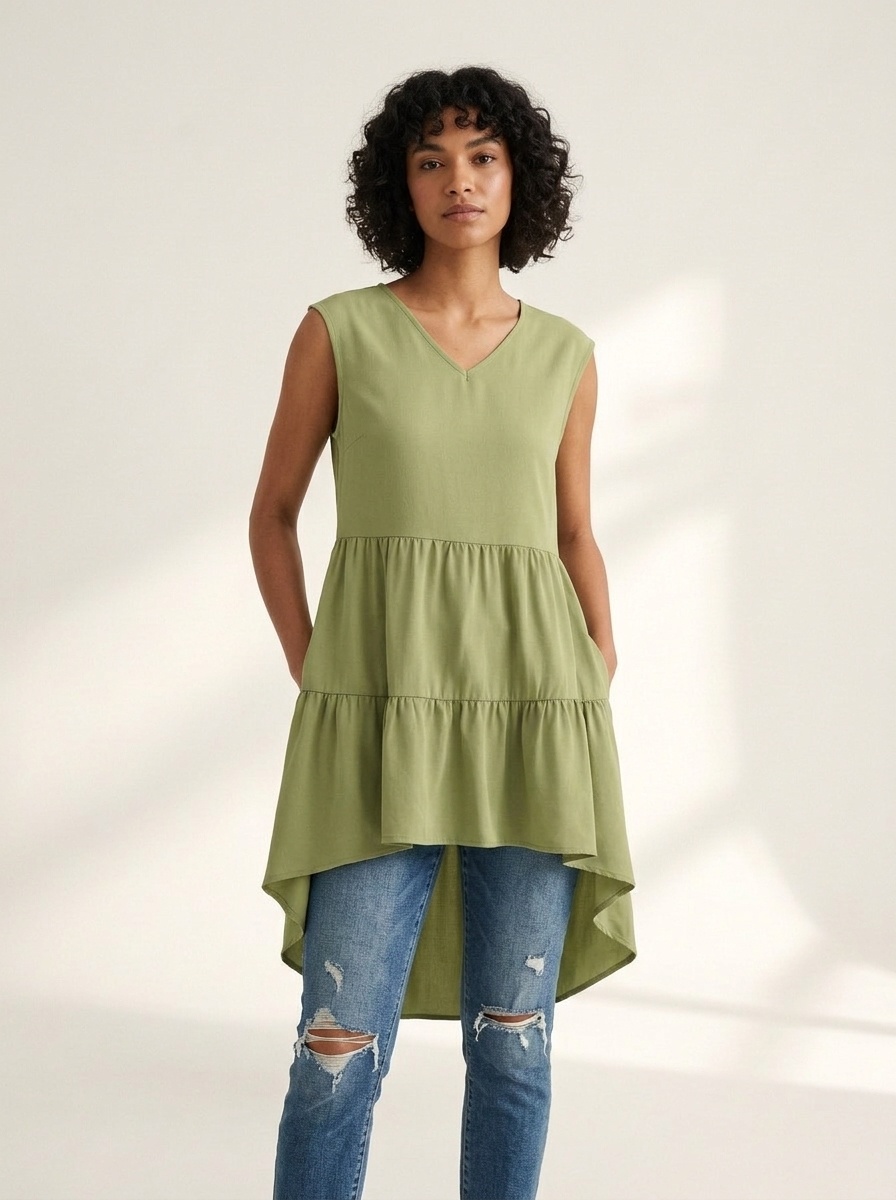 Stufenförmiges Rüschen-Tunika-Top mit asymmetrischem Saum und V-Ausschnitt – ärmellos