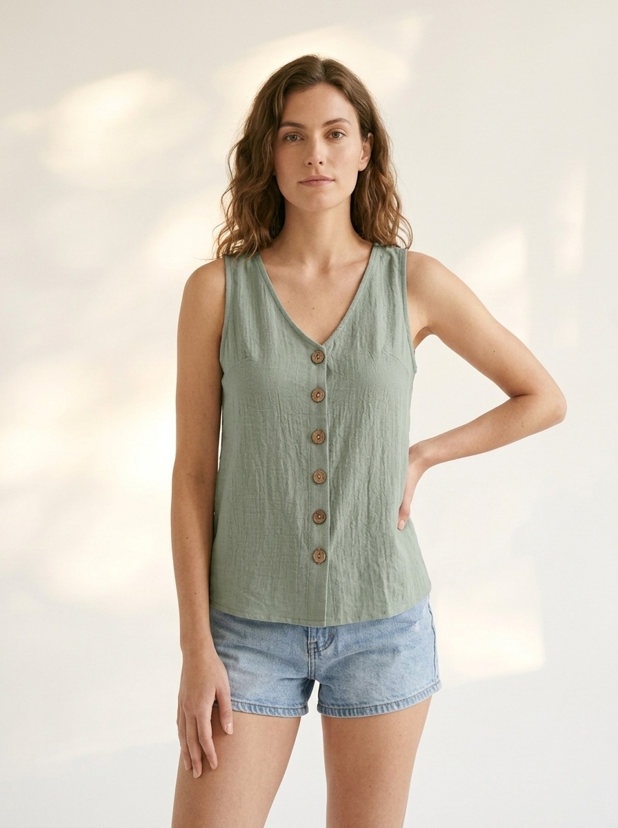 Lässiges, ärmelloses Damen-Top mit V-Ausschnitt und Knopfleiste