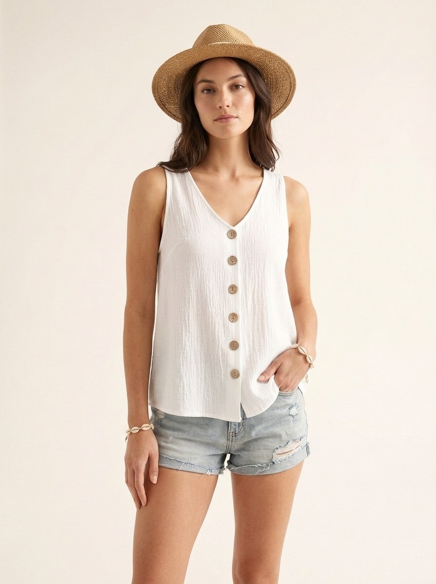 Lässiges, ärmelloses Damen-Top mit V-Ausschnitt und Knopfleiste