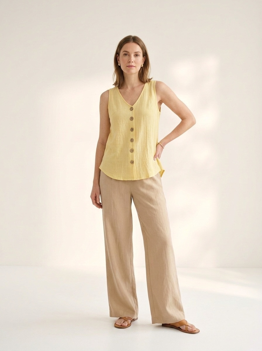 Lässiges, ärmelloses Damen-Top mit V-Ausschnitt und Knopfleiste