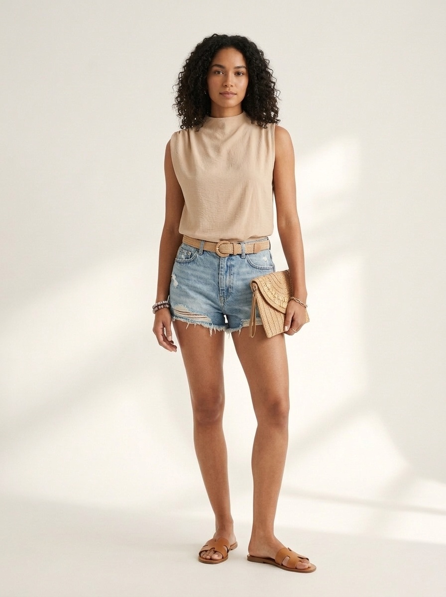 Women's Chic Beige Mock Neck Sleeveless Top