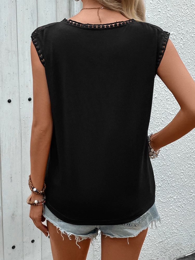 Black Lace Yoke Sleeveless Top - Elegant & Casual