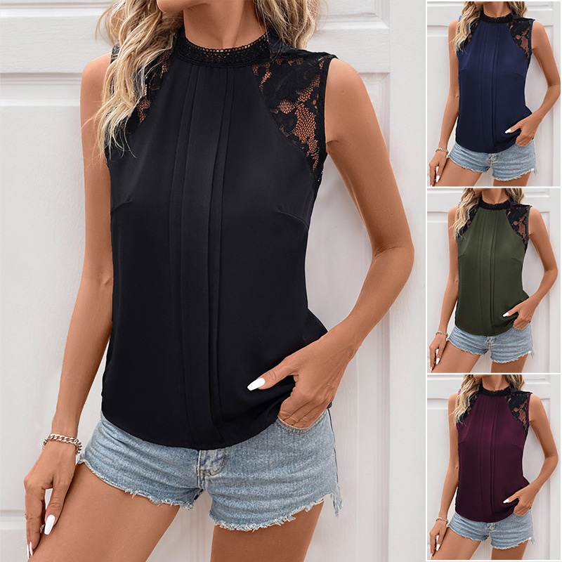 Elegant Lace Mock Neck Sleeveless Top