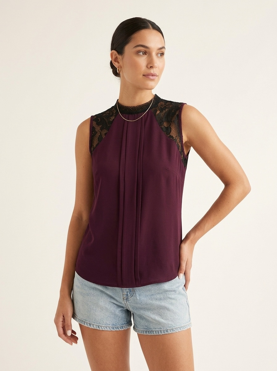 Elegant Lace Mock Neck Sleeveless Top