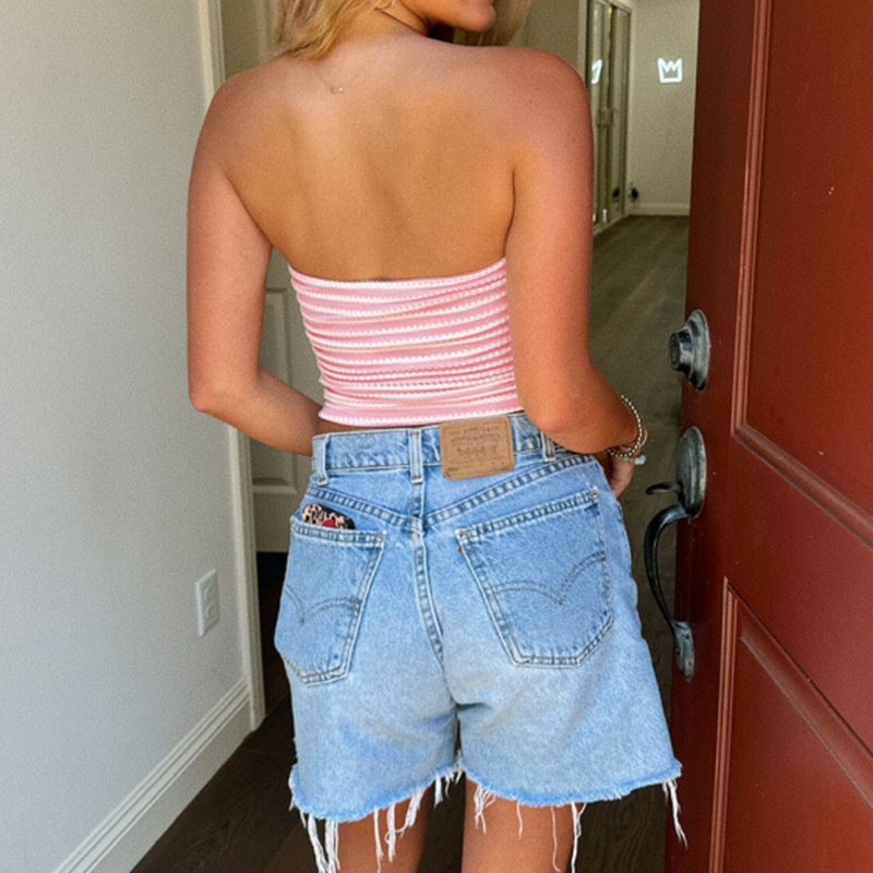 Striped Knit Tube Top - Pink & White Cropped Bandeau