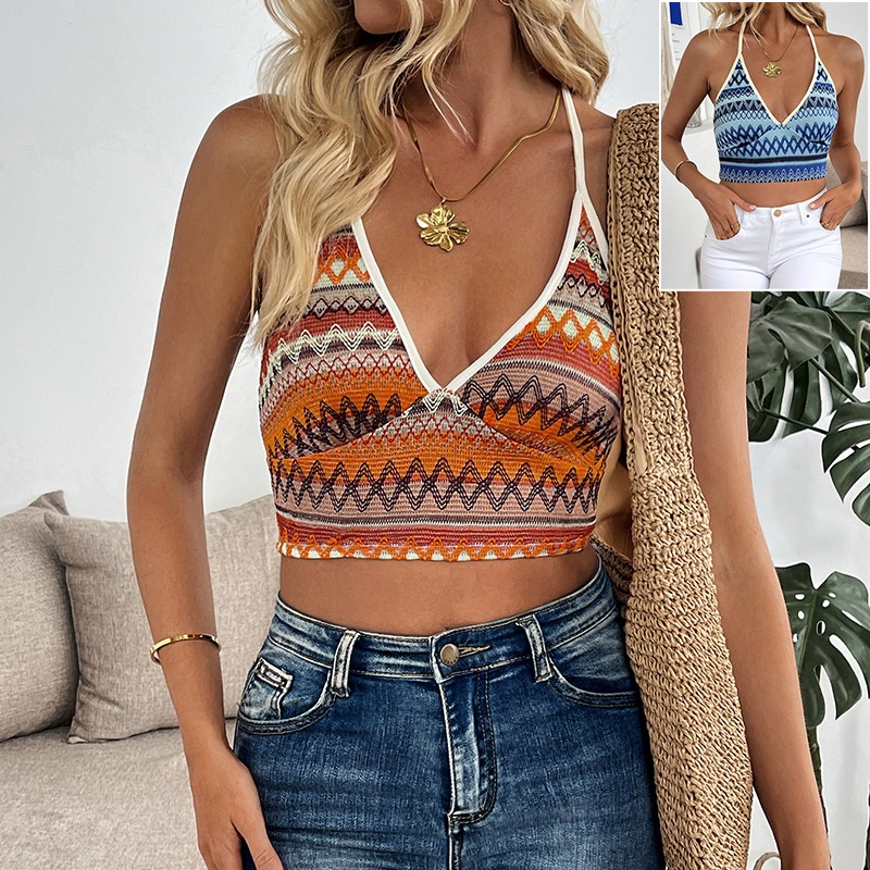 Boho Geometric Knit Halter Neck Crop Top