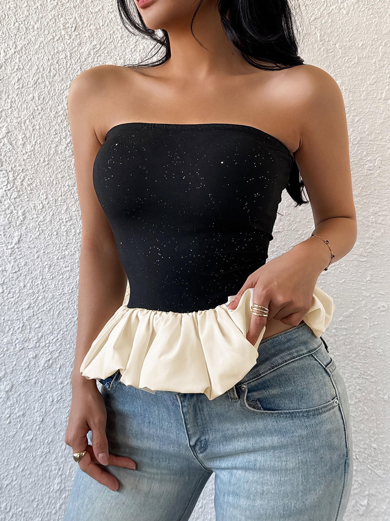 Black Sparkle Peplum Tube Top - Strapless Ruffle