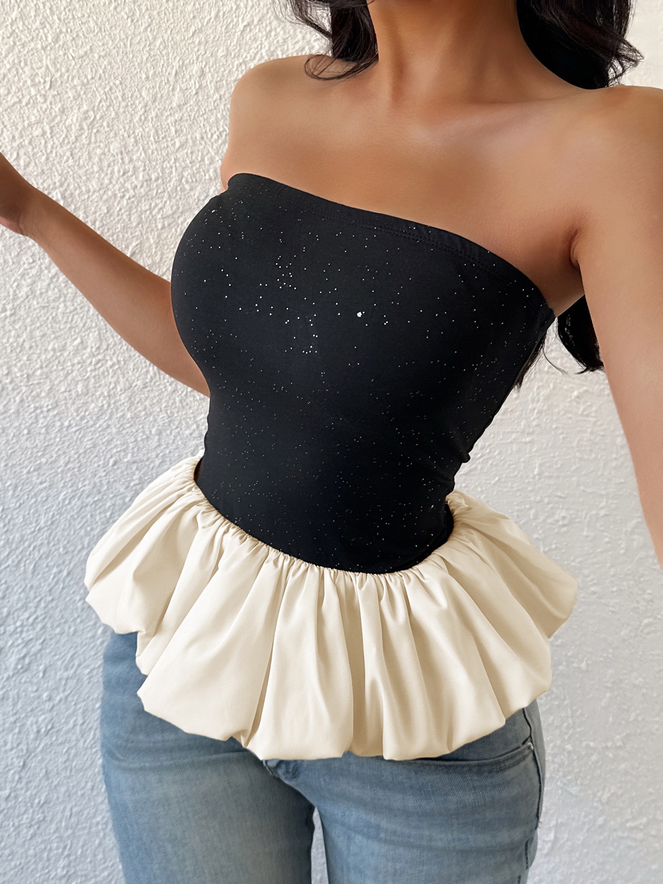Black Sparkle Peplum Tube Top - Strapless Ruffle