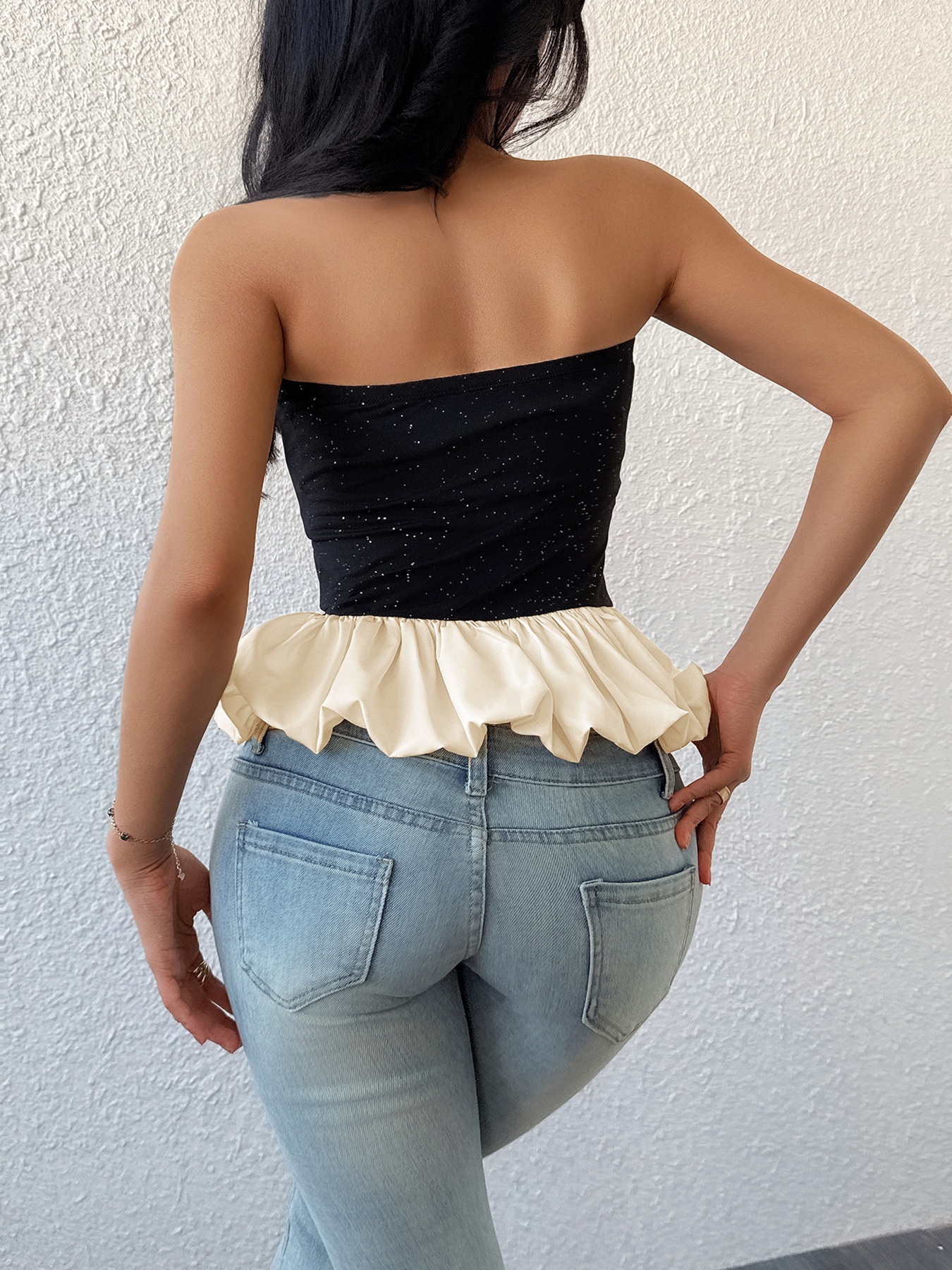 Black Sparkle Peplum Tube Top - Strapless Ruffle