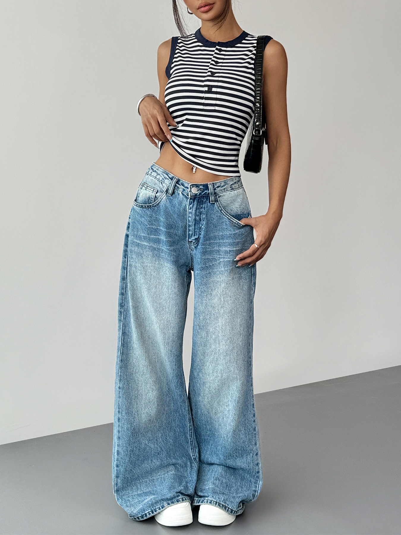 Ribbed Striped Sleeveless Henley Top