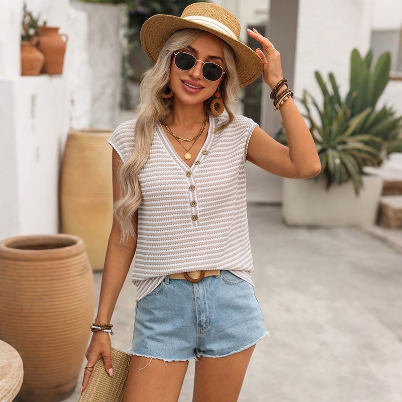 Women's Striped V-Neck Knit Top with Button Front