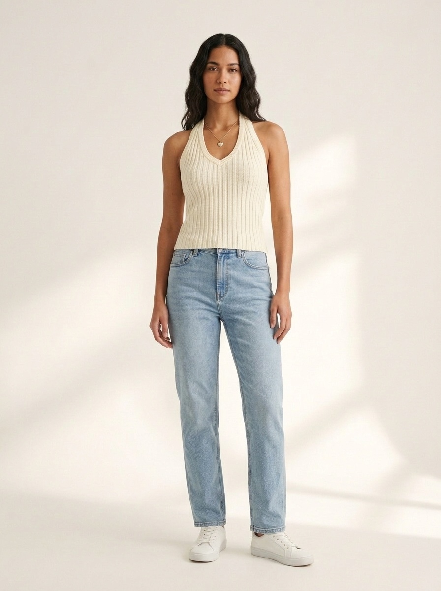 Ribbed Knit Halter Crop Top - V-Neck Sleeveless