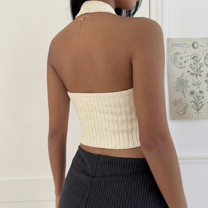 Ribbed Knit Halter Crop Top - V-Neck Sleeveless
