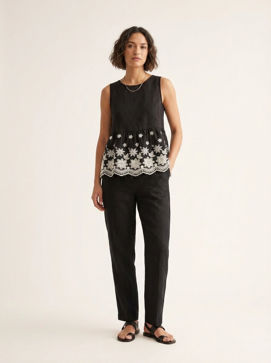 Black Floral Embroidered Peplum Tank Top