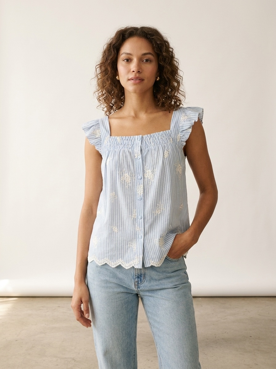 Top da donna a righe con ricami, scollo quadrato e maniche a volant.