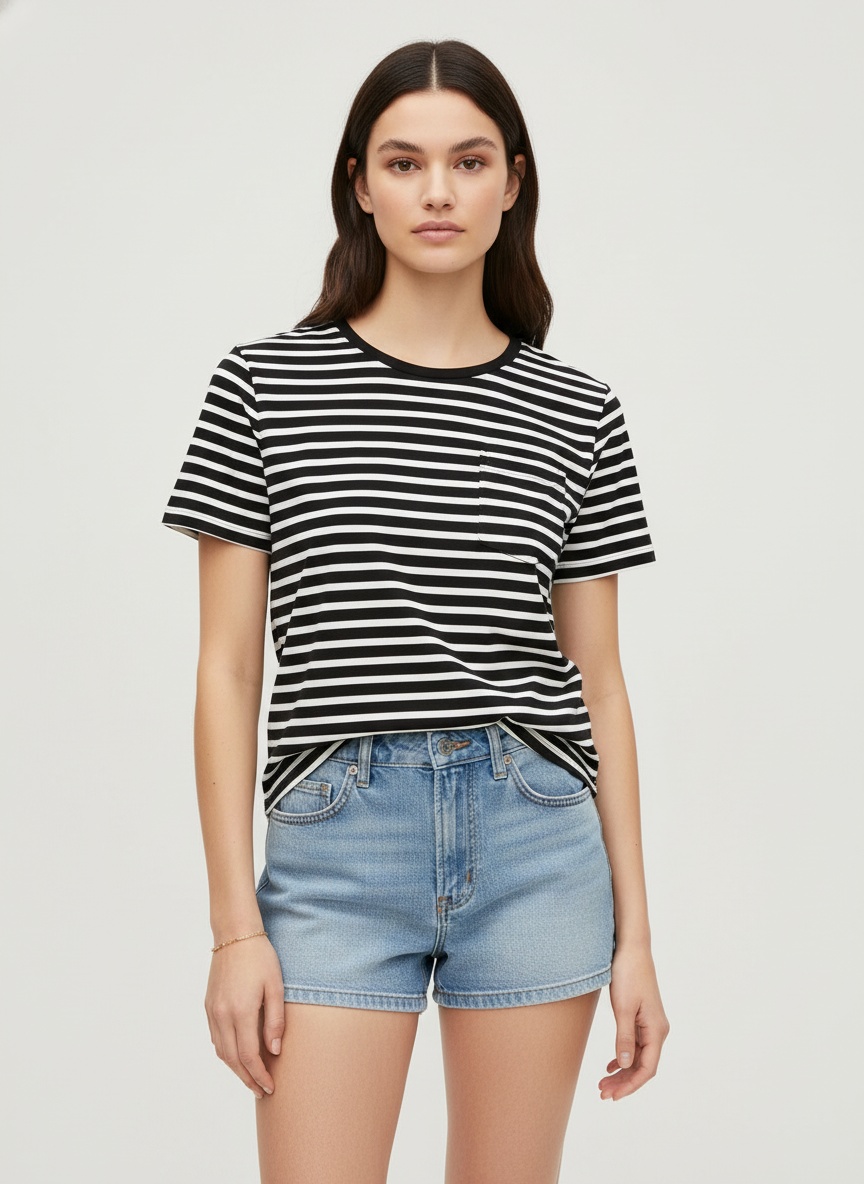Lässiges, gestreiftes Kurzarm-T-Shirt für Damen mit Tasche