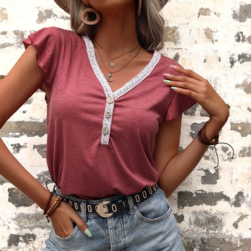 Women's Casual V-Neck Ruffle Sleeve Button Top