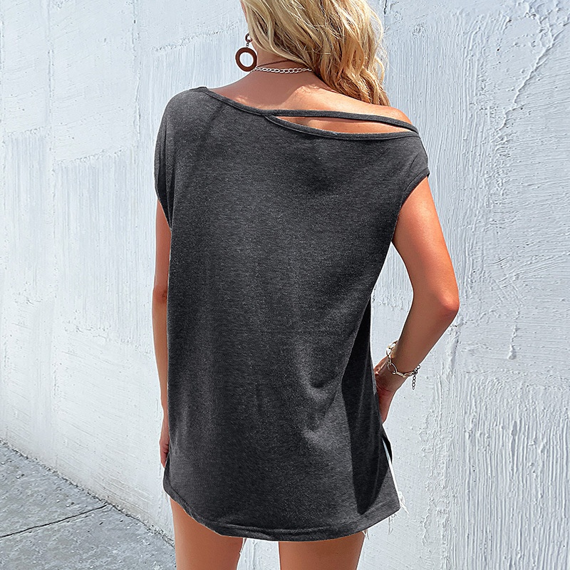 Women's Dark Grey One Shoulder Cutout Pocket Tee