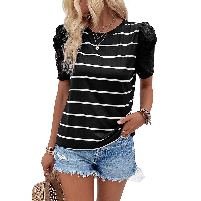 Black & White Stripe Puff Lace Sleeve Top