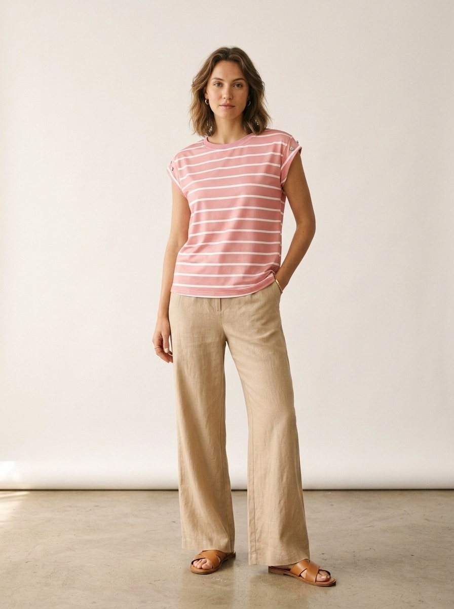 Women's Striped Cap Sleeve T-Shirt with Button Detail