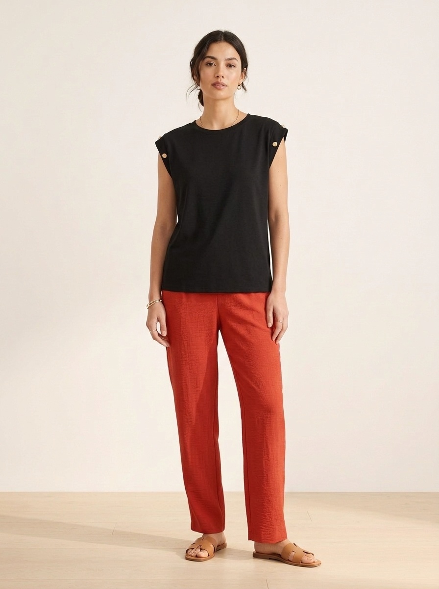 Women's Striped Cap Sleeve T-Shirt with Button Detail