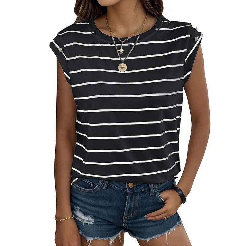 Women's Striped Cap Sleeve T-Shirt with Button Detail