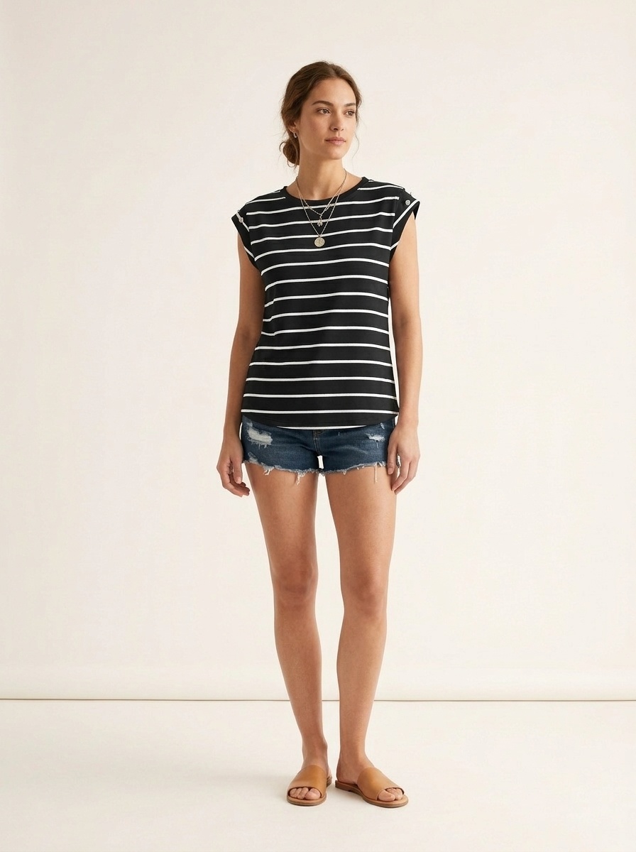 Women's Striped Cap Sleeve T-Shirt with Button Detail