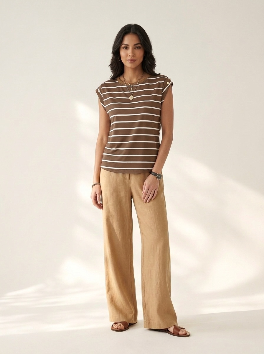 Women's Striped Cap Sleeve T-Shirt with Button Detail