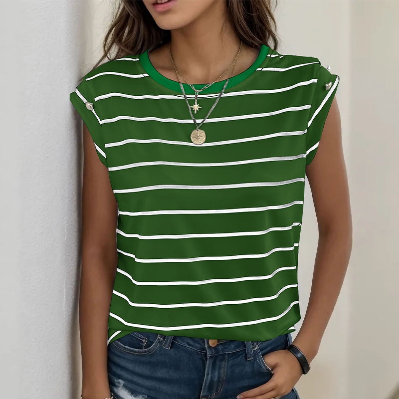 Women's Striped Cap Sleeve T-Shirt with Button Detail