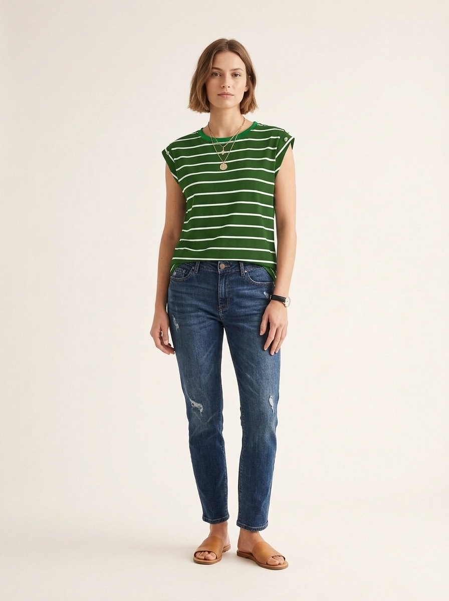 Women's Striped Cap Sleeve T-Shirt with Button Detail
