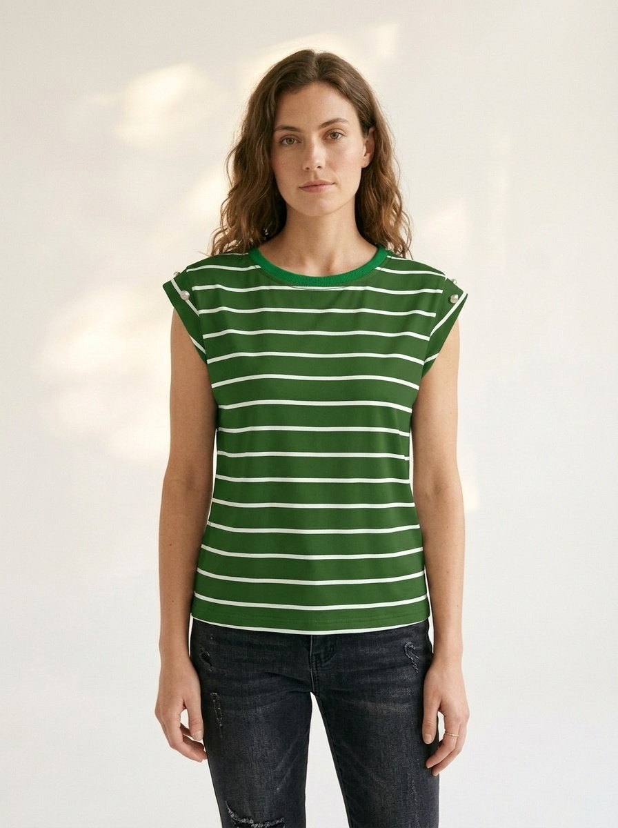 Women's Striped Cap Sleeve T-Shirt with Button Detail