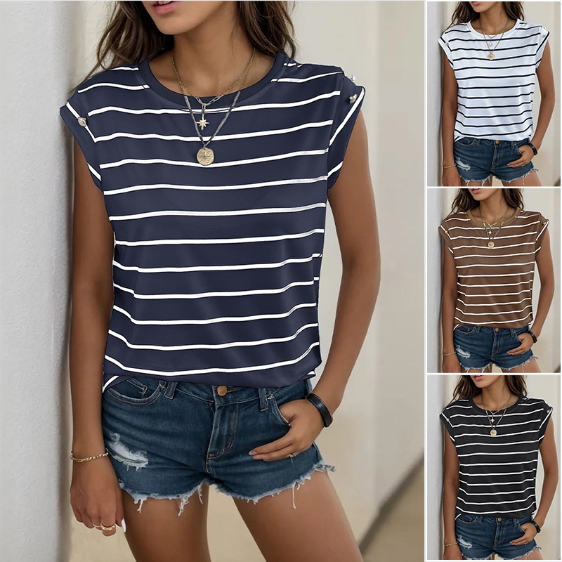 Women's Striped Cap Sleeve T-Shirt with Button Detail
