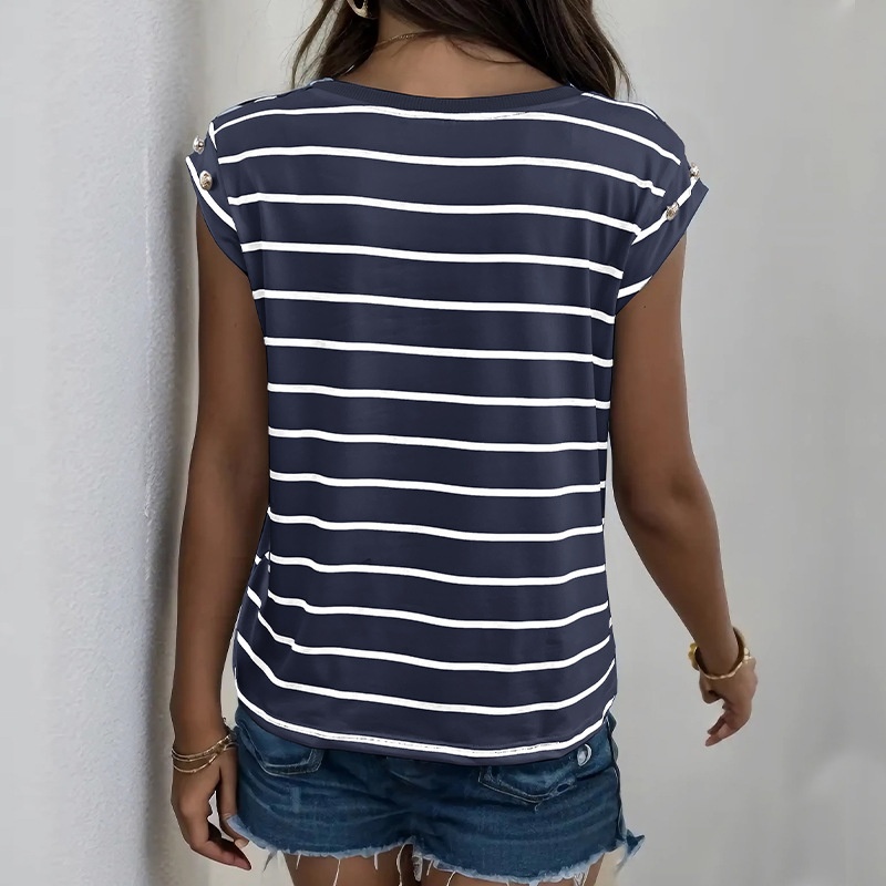 Women's Striped Cap Sleeve T-Shirt with Button Detail