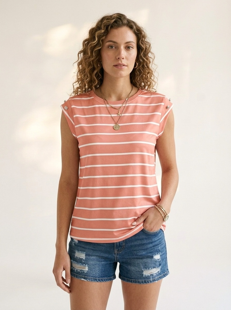 Women's Striped Cap Sleeve T-Shirt with Button Detail