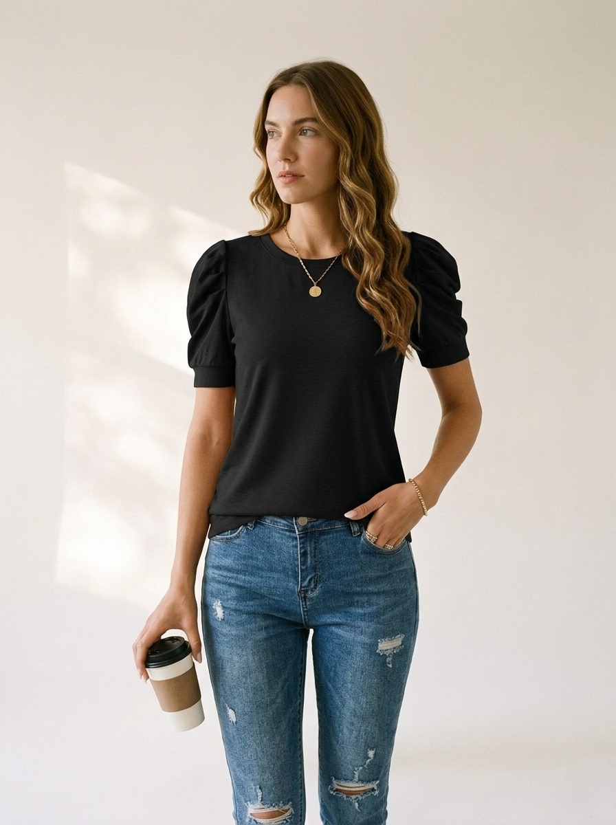 Lässiges Damen-Top mit Puffärmeln und Rundhalsausschnitt