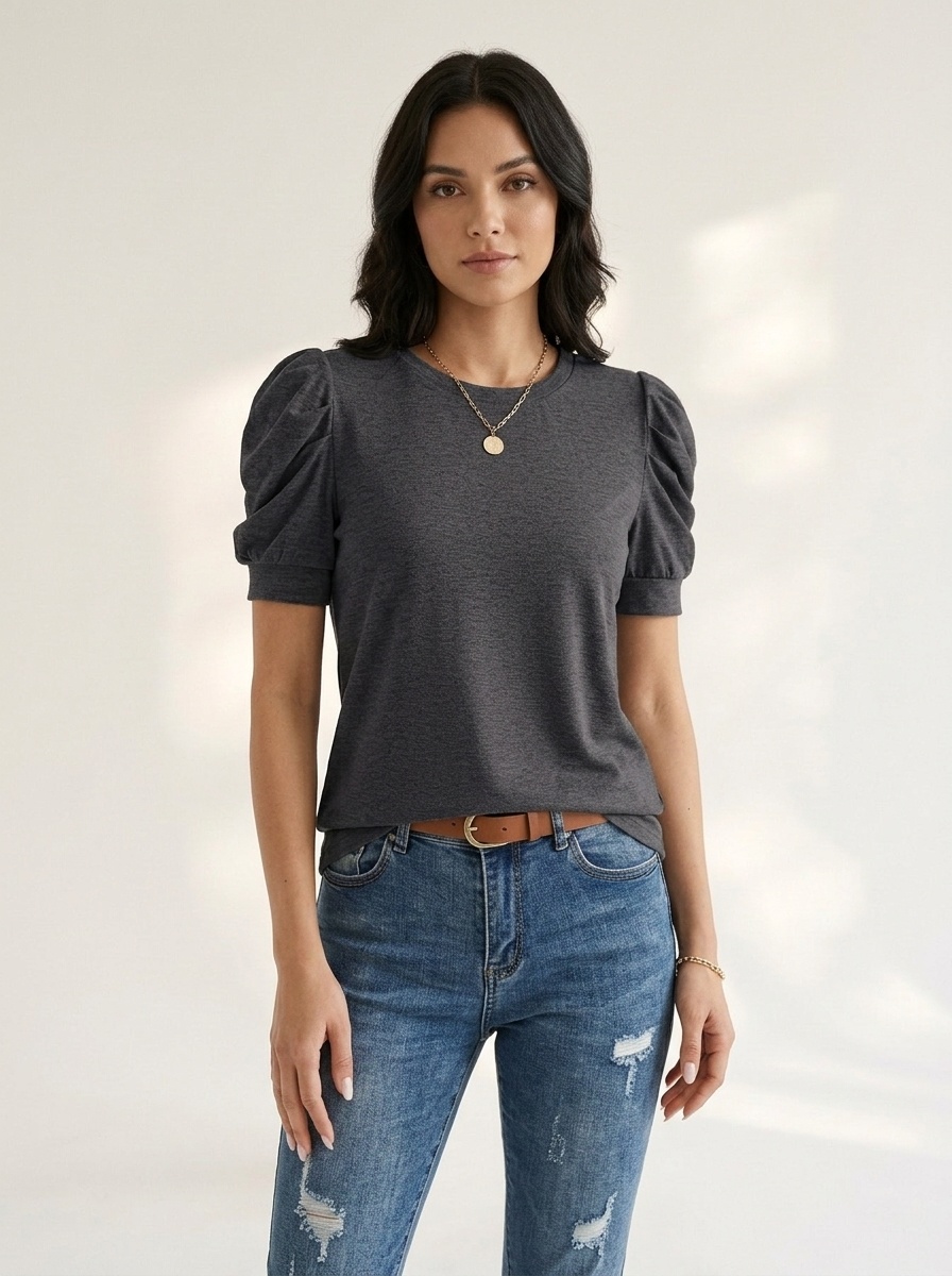 Lässiges Damen-Top mit Puffärmeln und Rundhalsausschnitt