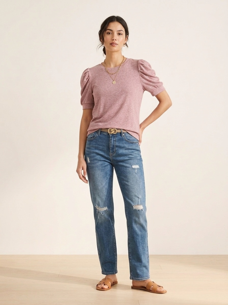 Lässiges Damen-Top mit Puffärmeln und Rundhalsausschnitt