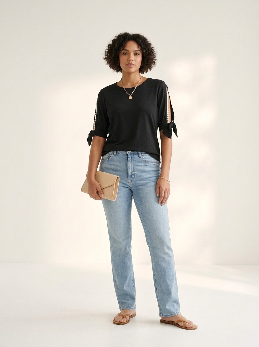 Black Pearl Trim Tie-Cuff Sleeve Top - Casual & Chic