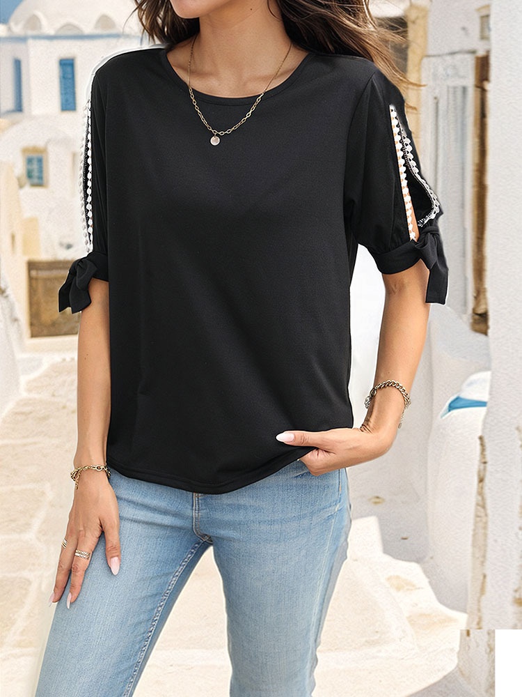 Black Pearl Trim Tie-Cuff Sleeve Top - Casual & Chic