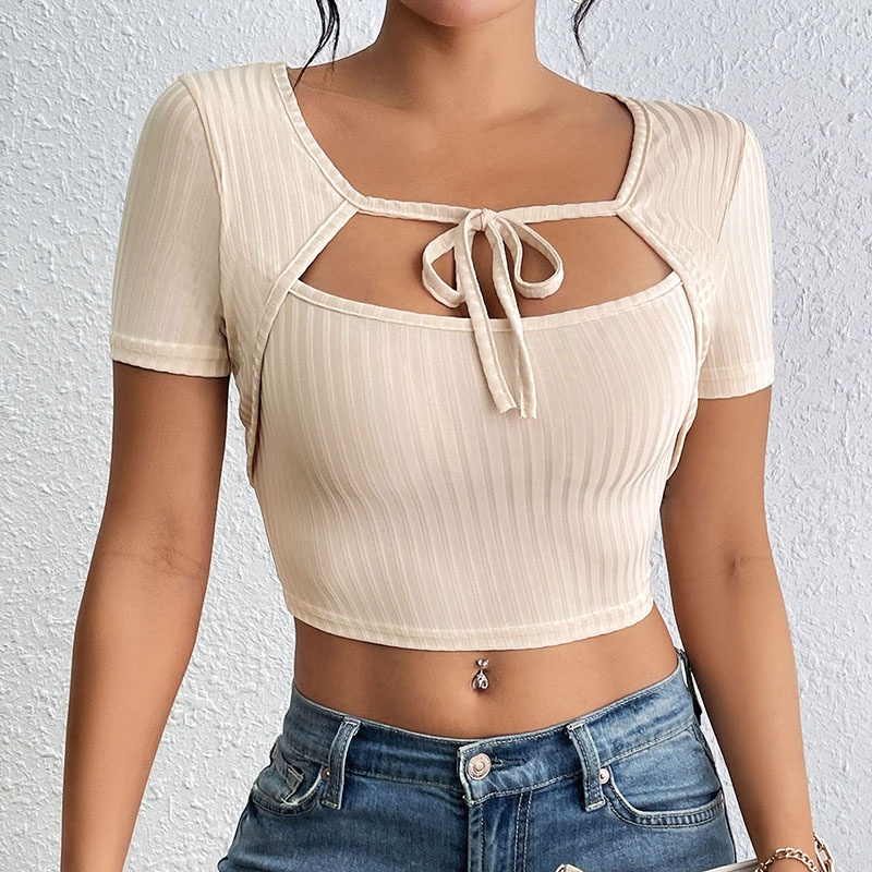 Ribbed Tie Front Cutout Crop Top - Short Sleeve