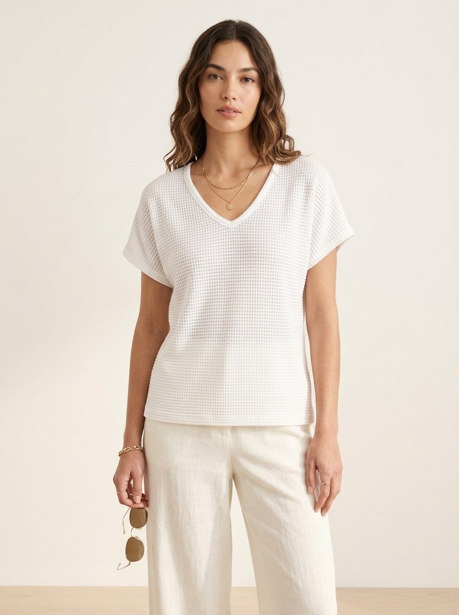 Women's Waffle Knit V-Neck Top with Crochet Back