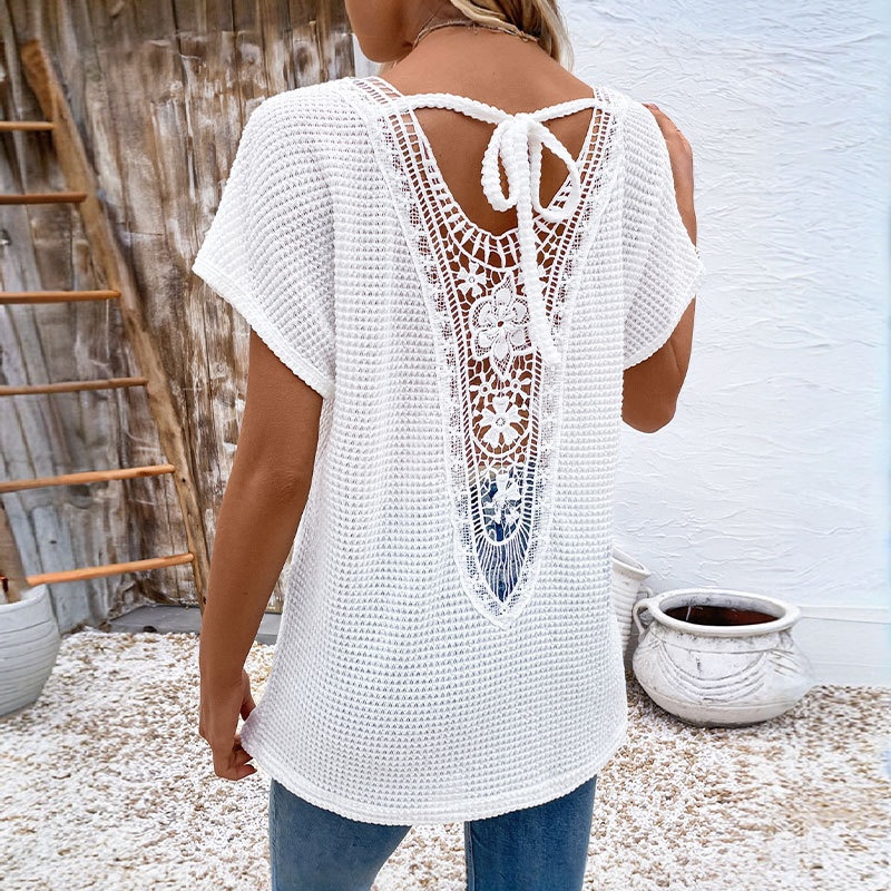 Women's Waffle Knit V-Neck Top with Crochet Back
