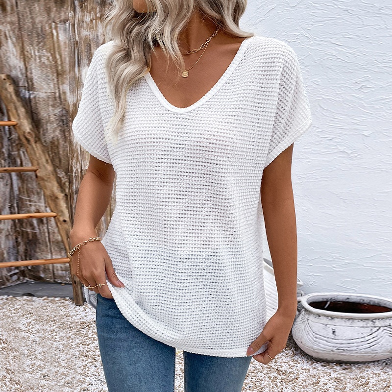 Women's Waffle Knit V-Neck Top with Crochet Back