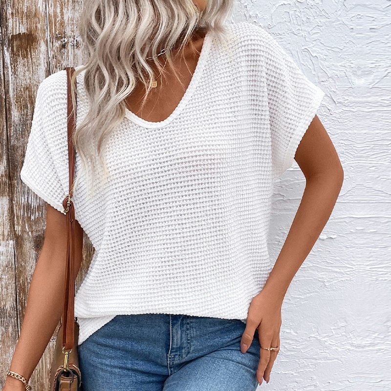 Women's Waffle Knit V-Neck Top with Crochet Back