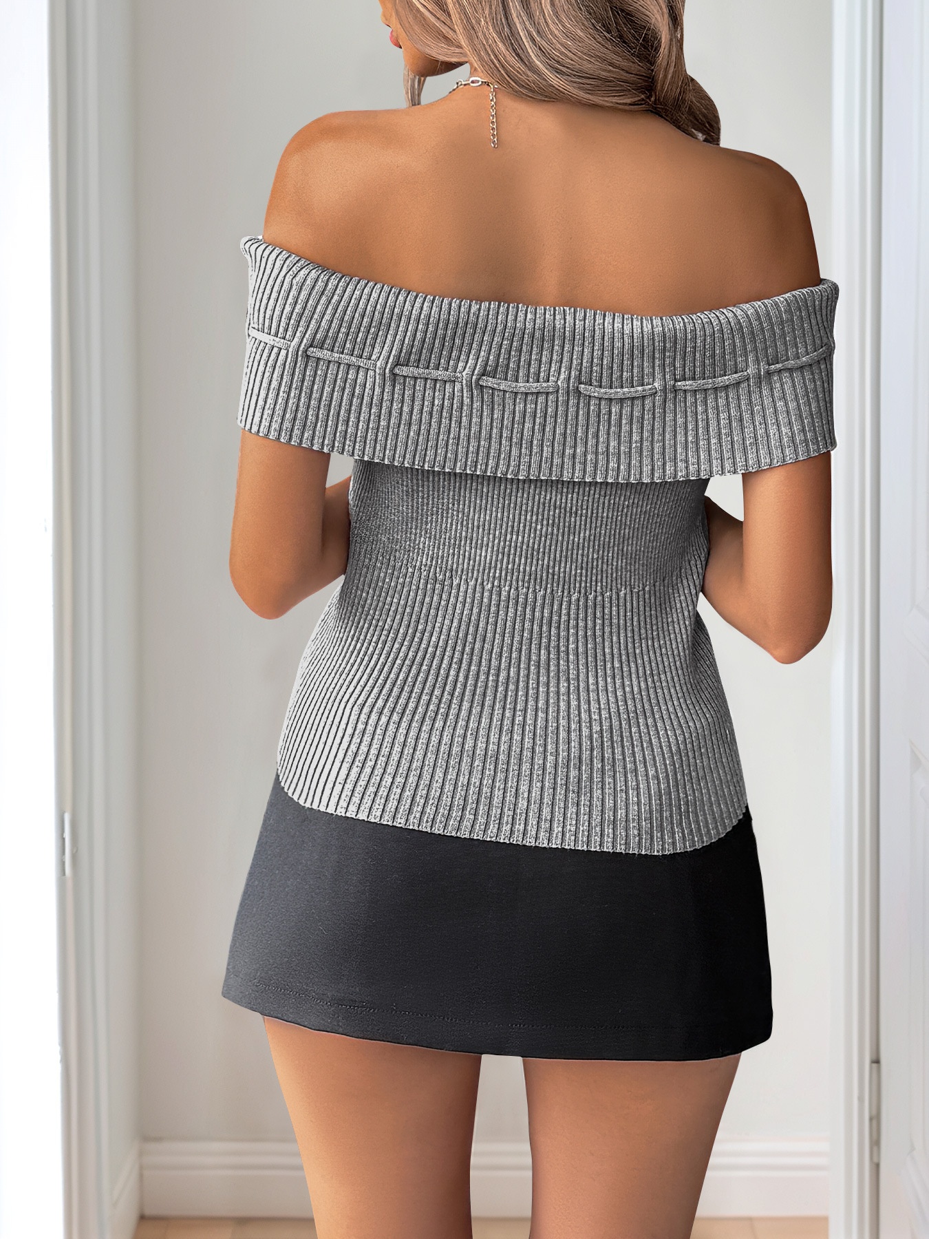 Ribbed Knit Off-Shoulder Tie-Front Top