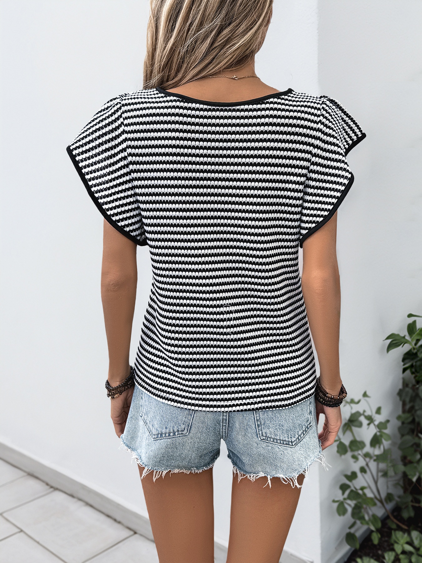 Chic Striped Flutter Sleeve Knit Top